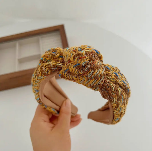 Multi Color Tweed Knot Headband - Brown/Yellow