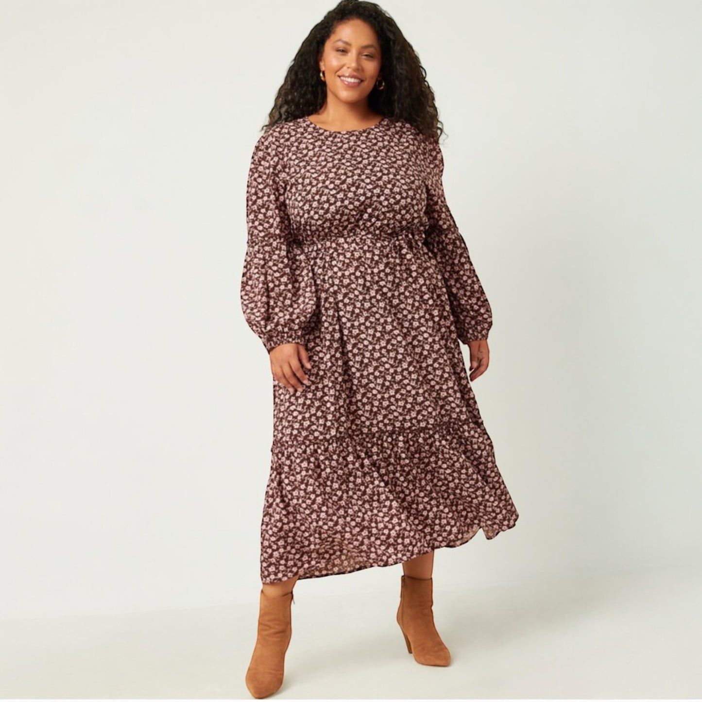 Belted Floral Print Midi Dress in Plum - Plus Size