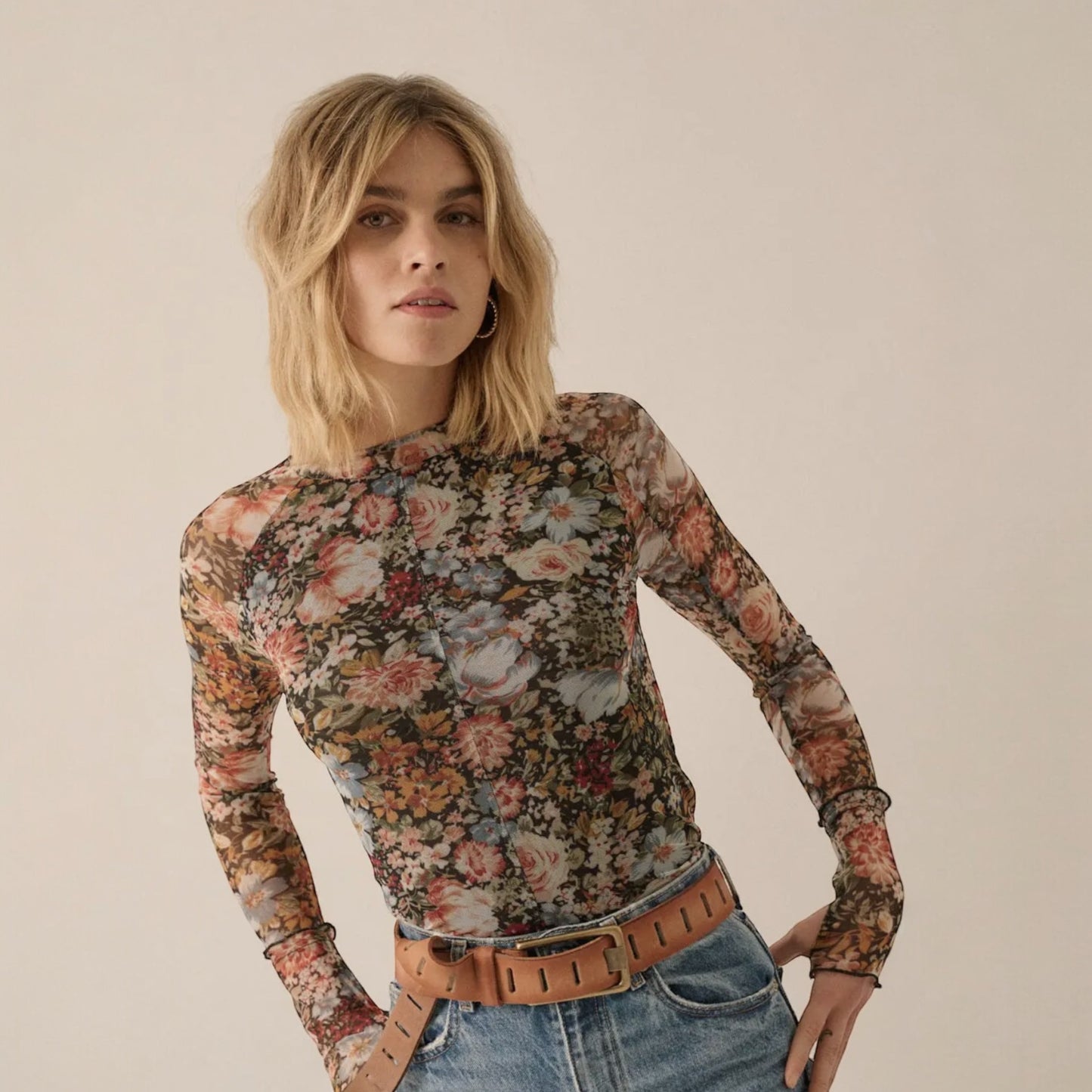 Floral Mesh Mock Neck Top