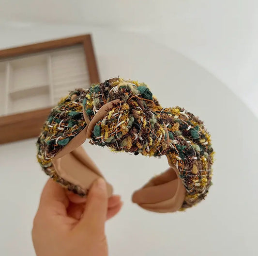 Multi Color Tweed Knot Headband - Green/Brown