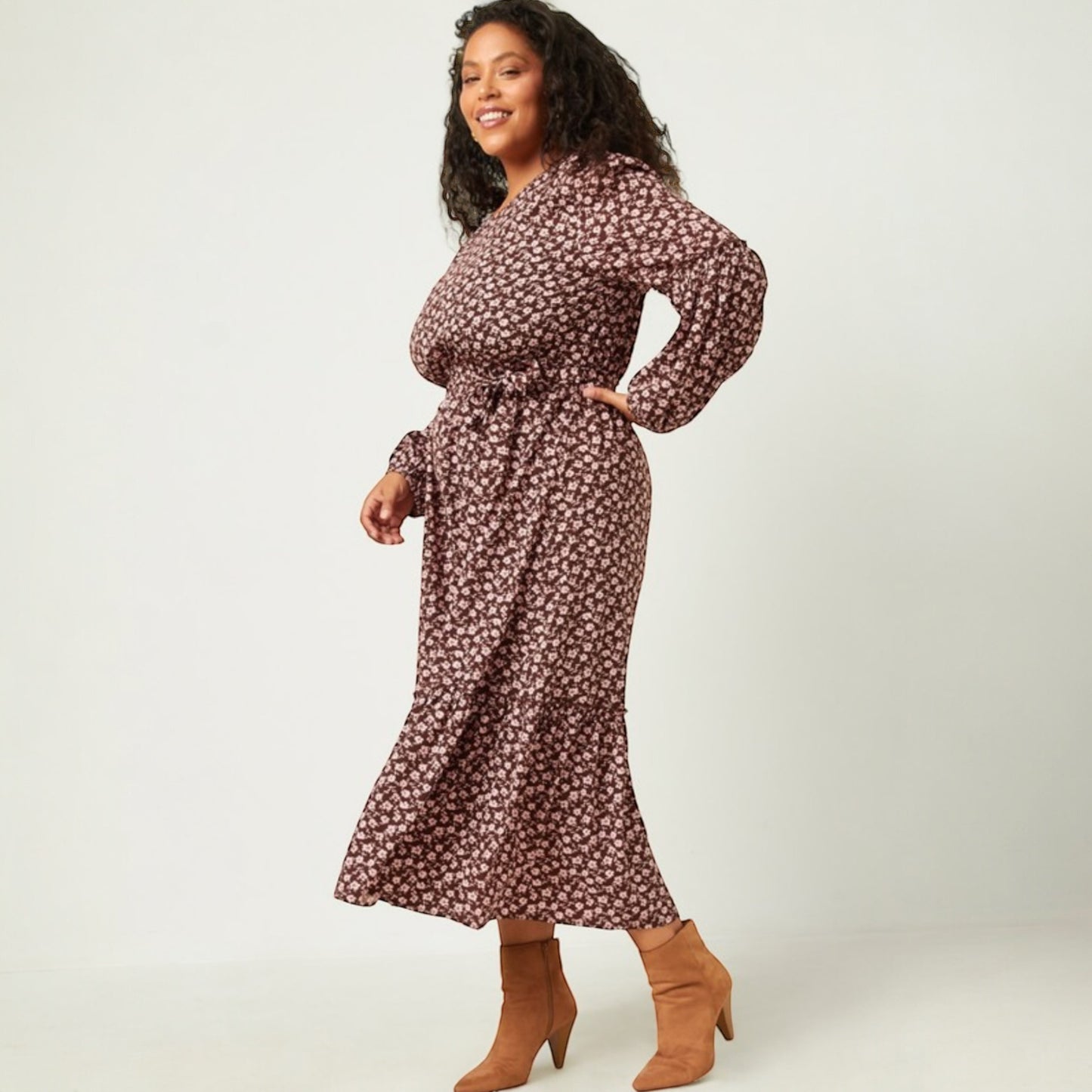 Belted Floral Print Midi Dress in Plum - Plus Size