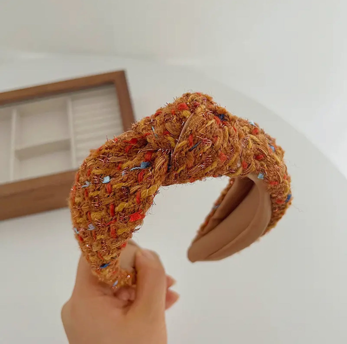 Multi Color Tweed Knot Headband - Orange/Brown