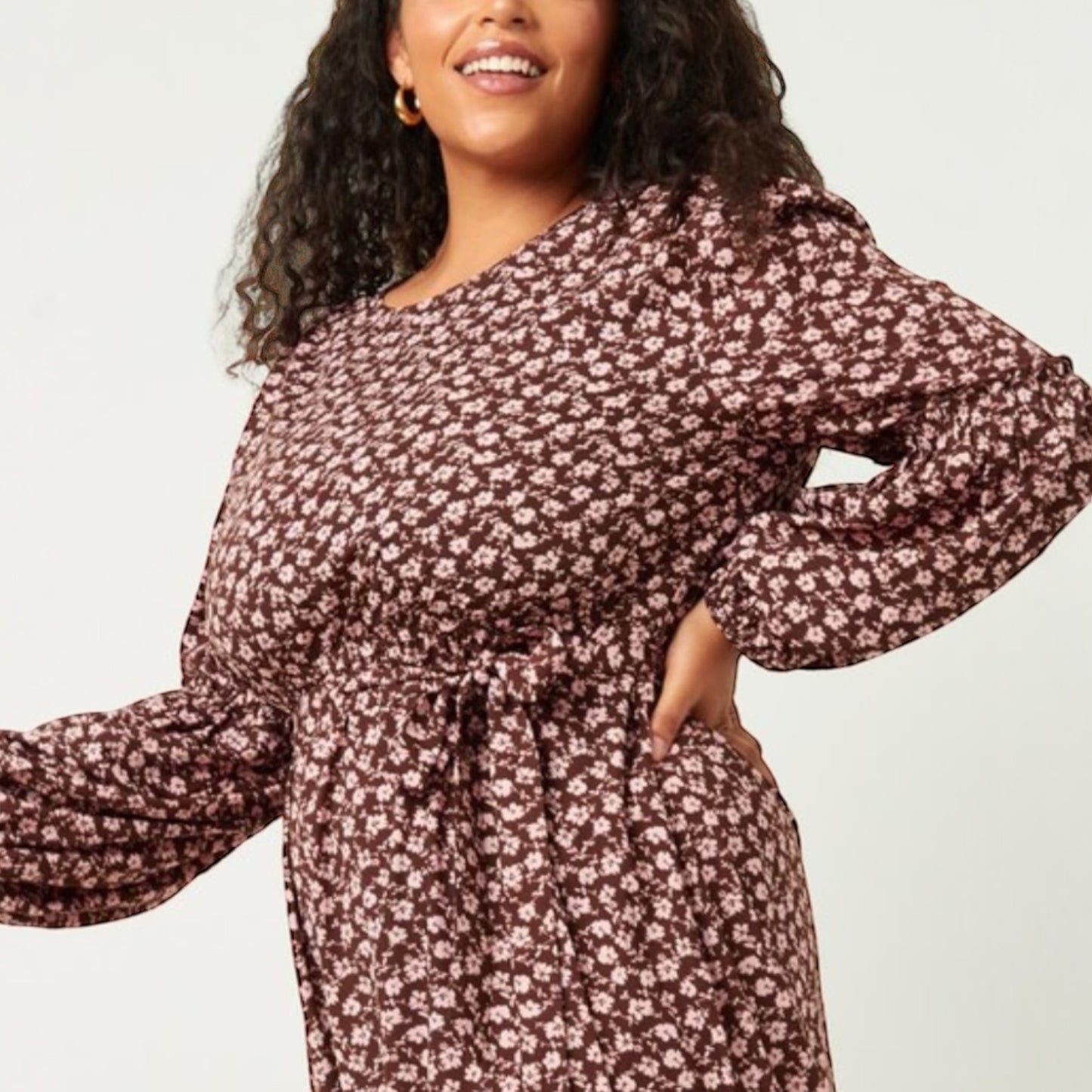 Belted Floral Print Midi Dress in Plum - Plus Size