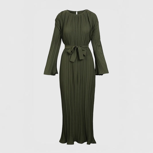 Belted Accordion Pleated Flared Maxi Dress  (One Size Fits All)- Olive