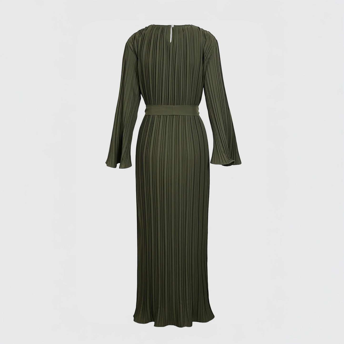 Belted Accordion Pleated Flared Maxi Dress  (One Size Fits All)- Olive