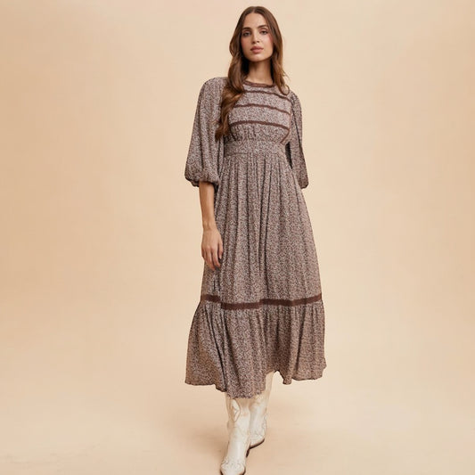 Lace Inset Viscose Dress - Chestnut