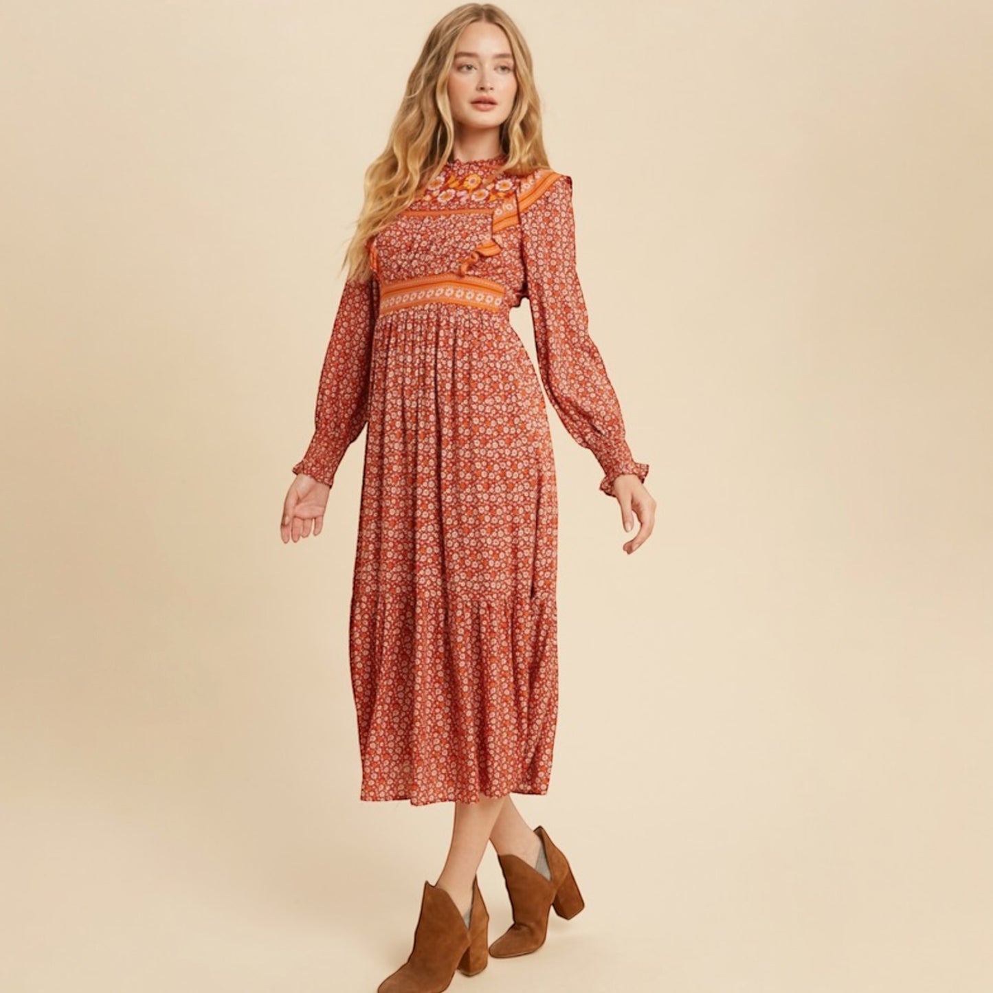 Boho Floral Print Ruffle Midi Dress - Rust