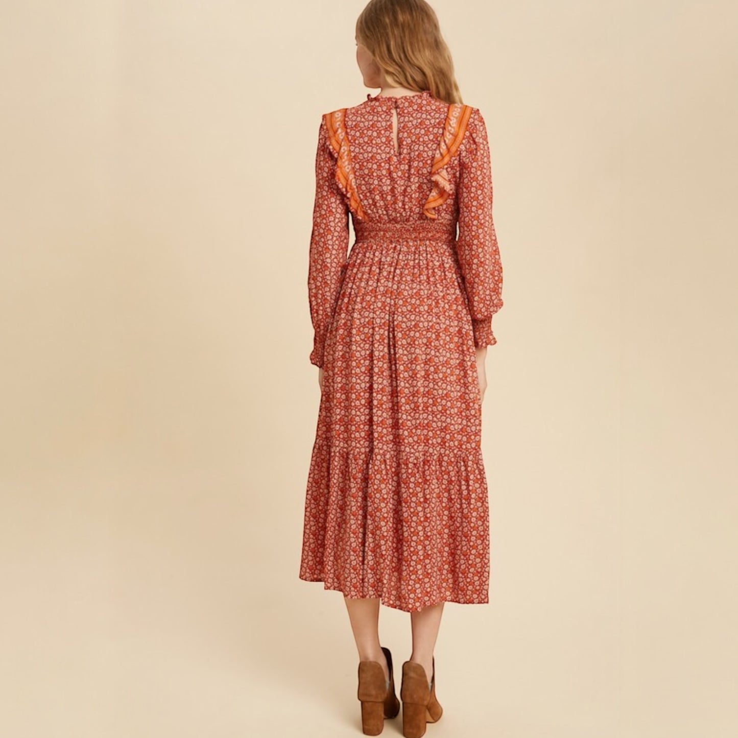 Boho Floral Print Ruffle Midi Dress - Rust