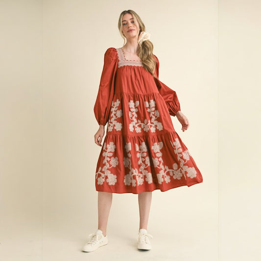 Floral Embroidered Tiered Midi Dress - Amber