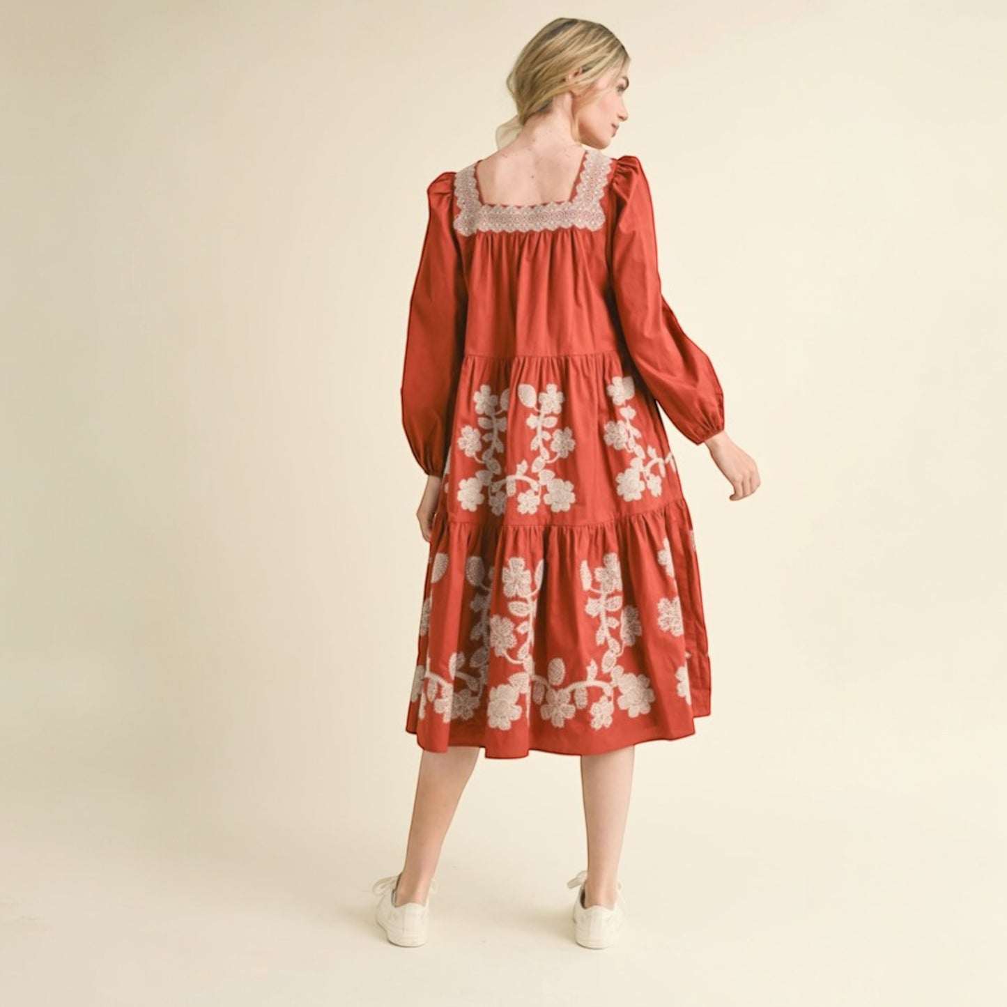 Floral Embroidered Tiered Midi Dress - Amber