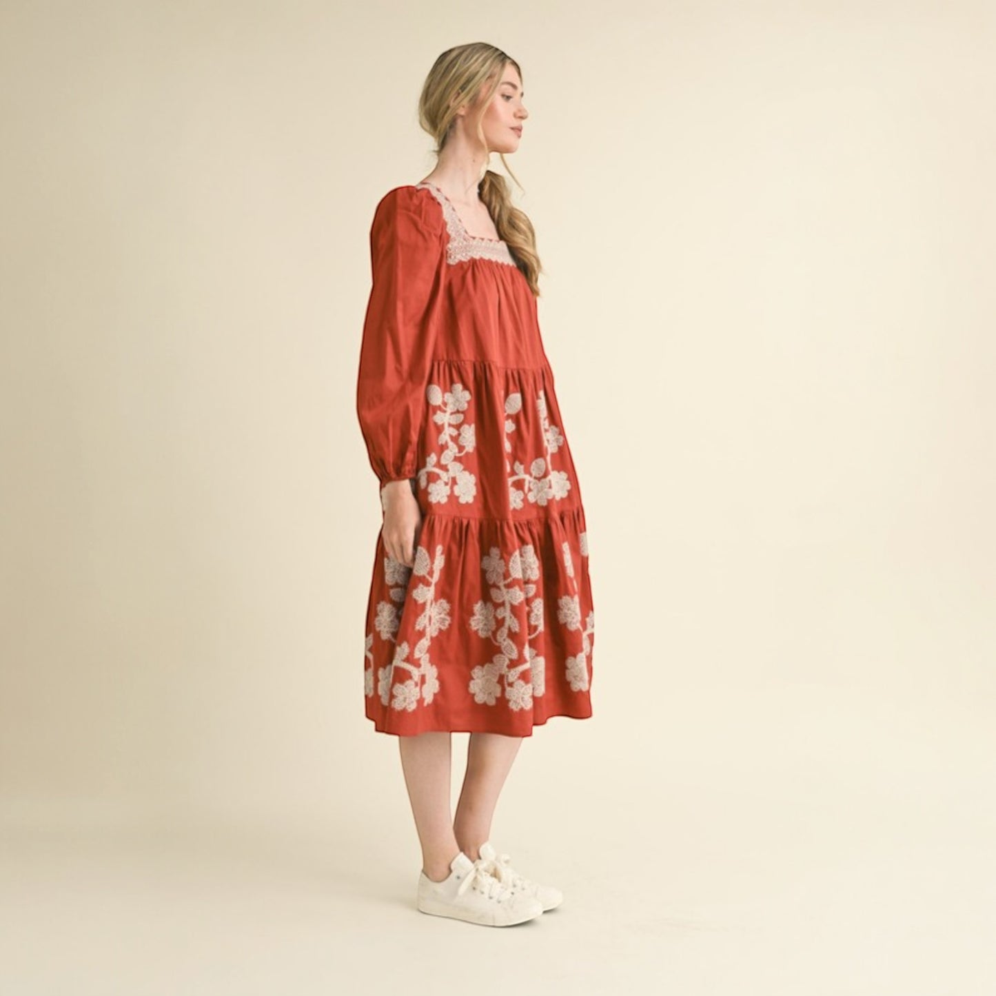 Floral Embroidered Tiered Midi Dress - Amber