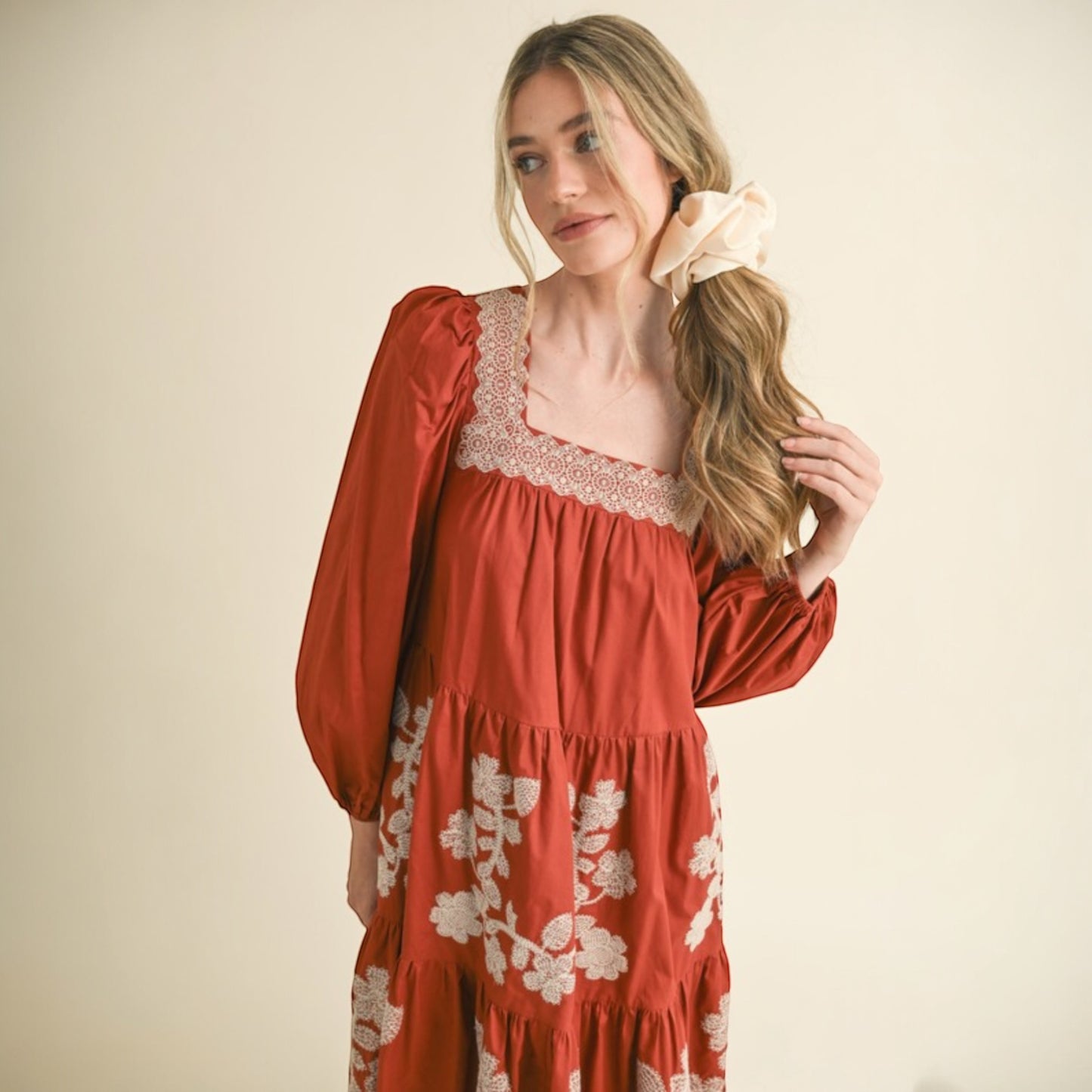 Floral Embroidered Tiered Midi Dress - Amber