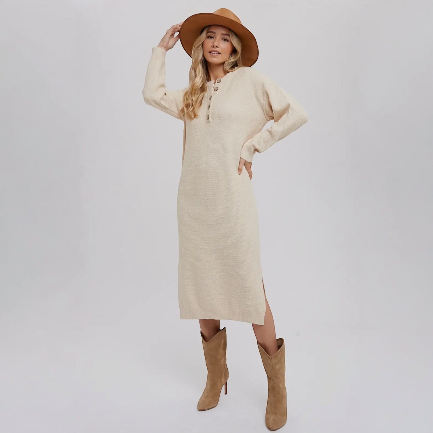 Button Front Midi Sweater Dress