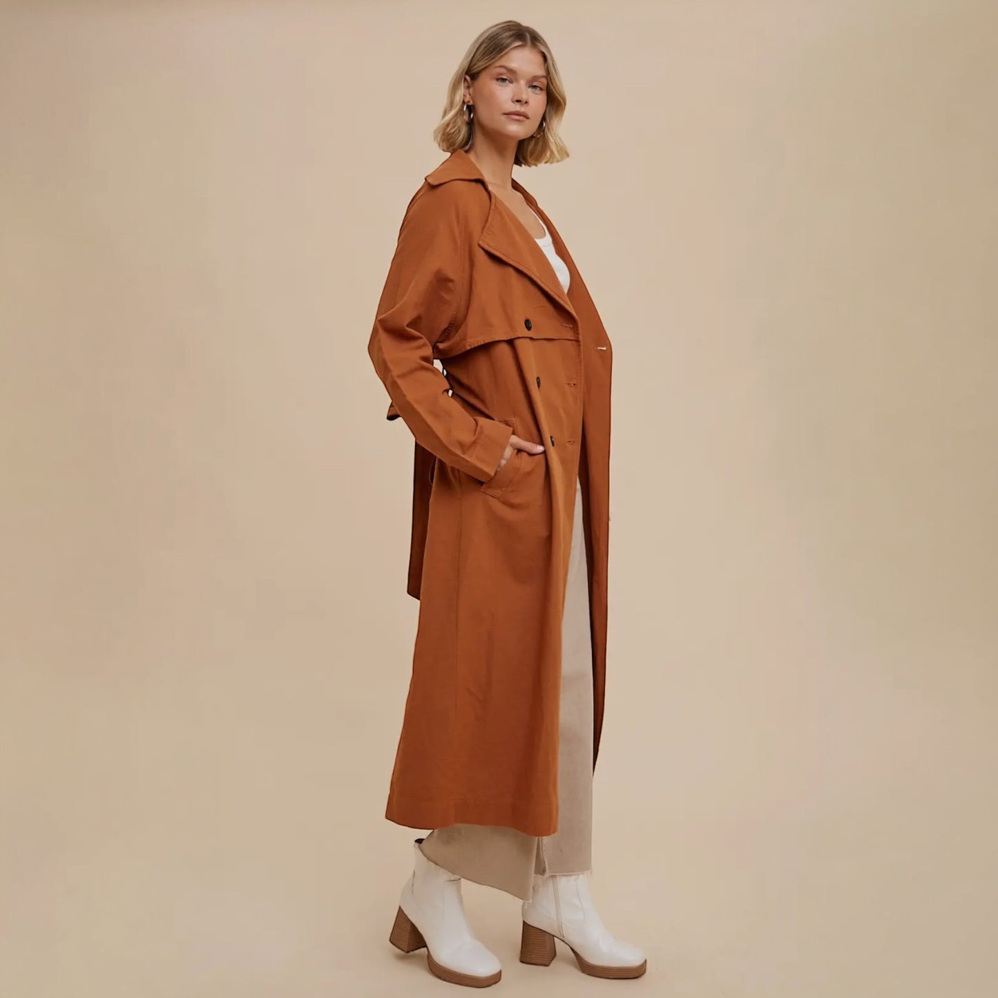 Long Line Classic Trench Coat with Belted Waist - Camel