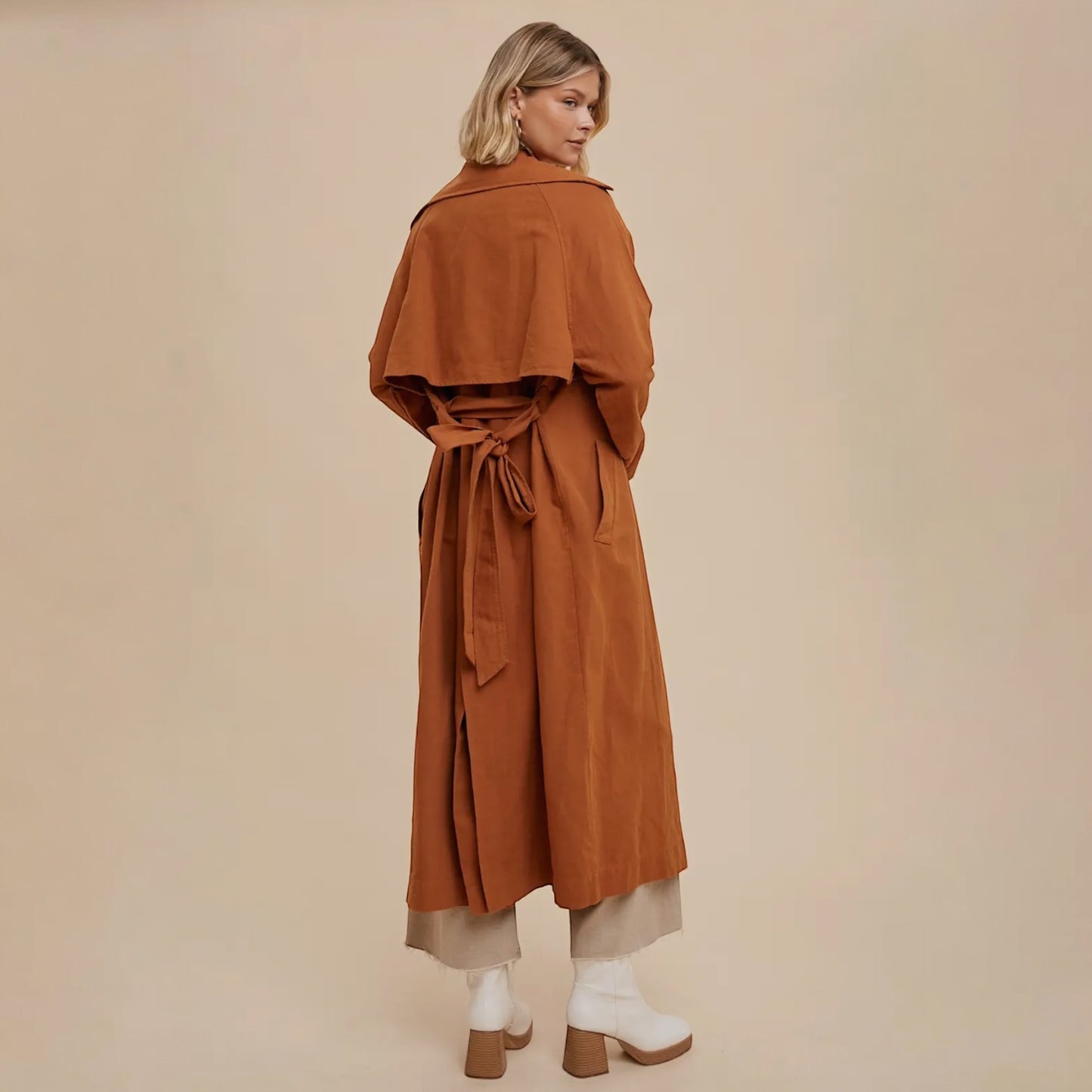 Long Line Classic Trench Coat with Belted Waist - Camel