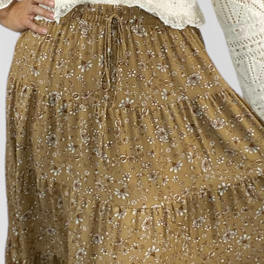 Mustard/Gold Paisley Print Tiered Maxi Skirt